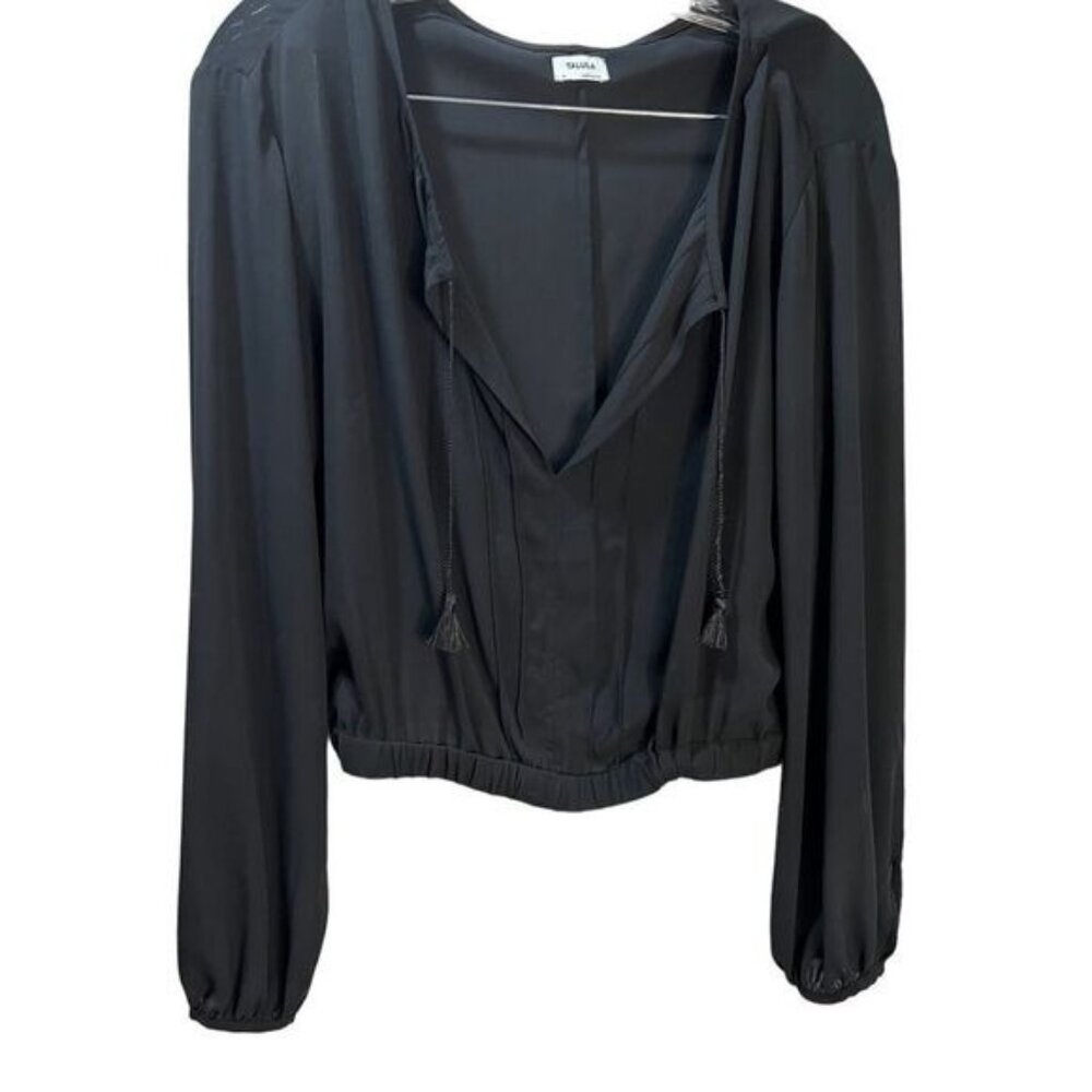 NEW Black V Neck Tie-Front Raglan Sleeve‎ Top Medium